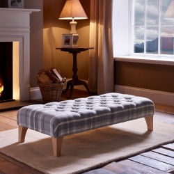 Kinver Deep Buttoned Footstool 122 x 53cm (48x21") Wool Large Check Grey - 15.2cm (6") Concave Tapered Leg Oiled Oak