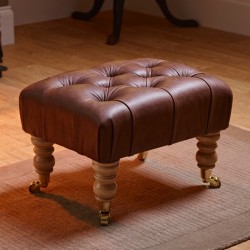 Kinver Deep Buttoned Footstool 46 x 33cm (18 x 13") Antique Matt Leather Mahogany - 10.2cm (4") Turned Leg Natural