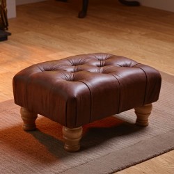Kinver Deep Buttoned Footstool 46 x 33cm (18 x 13") Antique Matt Leather Mahogany - 17.8cm (7") Castor Leg Natural