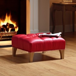 Kinver Deep Buttoned Footstool 61 x 61cm (24 x 24") Faux Leather Red - Self Piped - 15.2cm (6") Concave Tapered Leg Oiled Oak