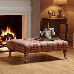 Kinver Deep Buttoned Footstool 102 x 76cm (40 x 30") Wool Plaid Geranium - 7.5ins Castor Leg Washed Oak
