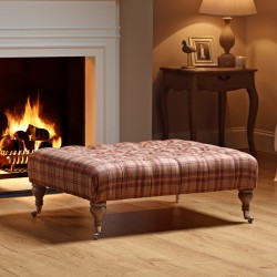 Kinver Deep Buttoned Footstool 102 x 76cm (40 x 30") Wool Plaid Geranium - 7.5ins Castor Leg Washed Oak
