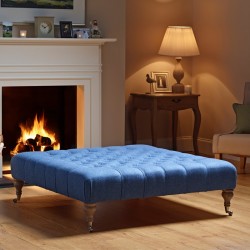 Kinver Deep Buttoned Footstool 122 x 122cm (48 x 48") Wool Plain Blue - 7.5ins Castor Legs Washed Oak