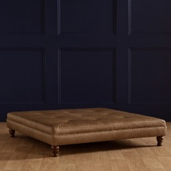 Fernworthy Shallow Buttoned Footstool with Border 122 x 122cm (48 x 48") Antique Matt Leather Honey - 5ins Turned Mahogany Leg