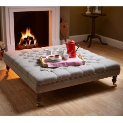 Glenmore Deep Buttoned Footstool with Border 122 x 122cm (48 x 48") Customers Own Material - 7ins Castor Leg Mahogany
