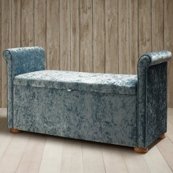 Lamorran Plain Lid Scroll Arm Storage Ottoman 144 x 56cm (56.5 x 22") Shimmer Velvet Mist - 1.5ins Light Bun Feet Lamorran Plain Lid Scroll Arm Storage Ottoman 144 x 56cm (56.5 x 22") Shimmer Velvet Mist - 1.5ins Light Bun Feet