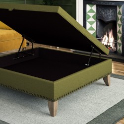 Heartwood Plain & Piped Lid Medium Depth Storage Footstool 91 x 91cm (36 x 36") Soft Weave Forest Green - 6ins Convex Washed Oak Leg Heartwood Plain & Piped Lid Medium Depth Storage Footstool 91 x 91cm (36 x 36") Soft Weave Forest Green - 6ins Convex Washed Oak Leg