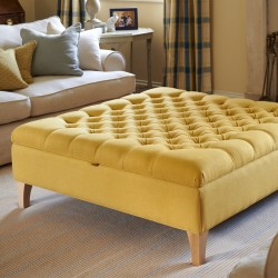 Savernake Deep Buttoned Lid Medium Depth Storage Footstool 91 x 91cm (36 x 36") Faux Wool Mustard - 15.2cm (6") Concave Tapered Leg Oiled Oak Savernake Deep Buttoned Lid Medium Depth Storage Footstool 91 x 91cm (36 x 36") Faux Wool Mustard - 15.2cm (6") Concave Tapered Leg Oiled Oak