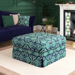 Kielder Valanced Footstool 91 x 91cm (36 x 36") in Linwood Velvet Kami Seagreen with contrast reveal