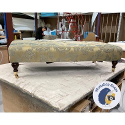 Cannock Shallow Buttoned Footstool 122 x 53cm (48 x 21") COM Colefax & Fowler Clarendon Aqua - 6ins Castor Mahogany Leg 7566