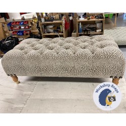 Kinver Deep Buttoned Footstool 122 x 53cm (48x21") COM Nina Campbell Bagatelle Weave Walnut/Ivory - Bespoke Pad Height Increased to 10ins - Corner Studs - 7ins Natural Castor Leg 7418