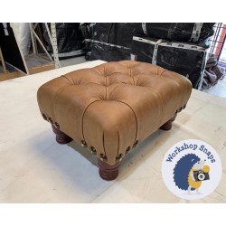 Kinver Deep Buttoned Footstool 46 x 33cm (18 x 13") Antique Matt Leather Honey - 4ins Turned Mahogany Leg - Corner Studs 4951