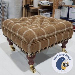Glenmore Deep Buttoned Footstool with Border 46 x 46cm (18 x 18") Wool Check Camel - Full Studded Trim - 6ins Castor Leg Mahogany 4261