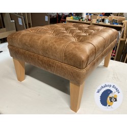 Glenmore Deep Buttoned Footstool with Border 81 x 61cm (32 x 24") Antique Matt Leather Honey - Increased Pad Height by 5cm - 9ins Tapered Natural Leg 8551