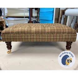 Glenmore Deep Buttoned Footstool with Border 81 x 61cm (32 x 24") Wool Check Sage - 7ins Castor Mahogany Leg 8425