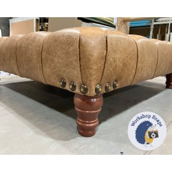 Kinver Deep Buttoned Footstool 91 x 91cm (36 x 36") Antique Matt Leather Honey - Vintage Corner Stud Trim - 5ins Turned Mahogany Leg 5724
