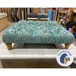 Kinver Deep Buttoned Footstool 91 x 91cm (36 x 36") COM Jane Clayton Kai Reef Teal - 5ins Turned Natural Leg 6406
