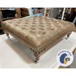 Glenmore Deep Buttoned Footstool with Border 91 x 91cm (36 x 36") Antique Matt Leather Walnut - Corner Vintage Stud Trim - 7.5ins Castor Washed Oak Leg - 6563 Glenmore Deep Buttoned Footstool with Border 91 x 91cm (36 x 36") Antique Matt Leather Walnut - Corner Vintage Stud Trim - 7.5ins Castor Washed Oak Leg - 6563