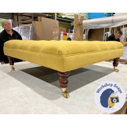 Glenmore Deep Buttoned Footstool with Border 91 x 91cm (36 x 36") Faux Wool Mustard - 7ins Castor Leg Mahogany 5225