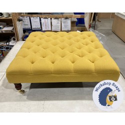 Glenmore Deep Buttoned Footstool with Border 91 x 91cm (36 x 36") Faux Wool Mustard - 7ins Castor Leg Mahogany 5225