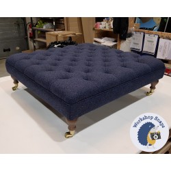 Glenmore Deep Buttoned Footstool with Border 91 x 91cm (36 x 36") Wool Plain Cobalt - 6ins Castor Oak Leg 4559 Glenmore Deep Buttoned Footstool with Border 91 x 91cm (36 x 36") Wool Plain Cobalt - 6ins Castor Oak Leg 4559