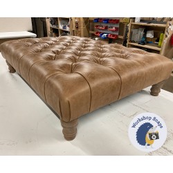 Kinver Deep Buttoned Footstool 102 x 76cm (40 x 30") Antique Matt Leather Honey - 5ins Turned Oak Leg 7921