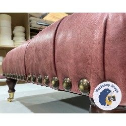Kinver Deep Buttoned Footstool 102 x 76cm (40 x 30") Antique Matt Leather Oxblood - Full Studs - 6ins Castor Mahogany Leg 6453
