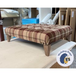 Kinver Deep Buttoned Footstool 102 x 76cm (40 x 30") COM Porter & Stone Balmoral Mulberry Plaid - Corner Studs - 6ins Convex Washed Oak Leg 7201
