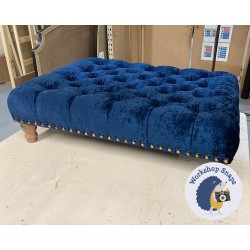 Kinver Deep Buttoned Footstool 102 x 76cm (40 x 30") Crushed Velvet Delft Blue - Full Stud Trim - 5ins Turned Oak Leg 7594