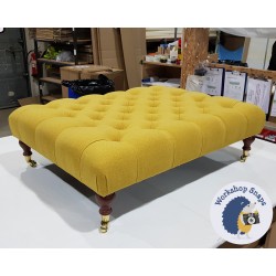 Kinver Deep Buttoned Footstool 102 x 76cm (40 x 30") Faux Wool Mustard - 6ins Castor Mahogany Leg 4551