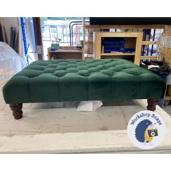 Kinver Deep Buttoned Footstool 102 x 76cm (40 x 30") Flat Velvet Bottle Green - 5ins Turned Mahogany Leg 8857