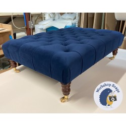 Kinver Deep Buttoned Footstool 102 x 76cm (40 x 30") Flat Velvet Dark Blue - Bespoke Pad Height Increase by 2cm - 7ins Castor Mahogany Leg 9131