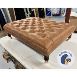 Glenmore Deep Buttoned Footstool with Border 102 x 76cm (40 x 30") Antique Matt Leather Bridle - Single Piped Trim - 7ins Castor Mahogany Leg 8270