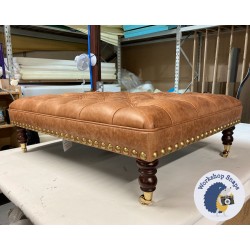 Glenmore Deep Buttoned Footstool with Border 102 x 76cm (40 x 30") Antique Matt Leather Bridle - Gold Full Strud Trim - 7ins Castor Mahogany Leg 8801