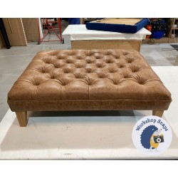 Glenmore Deep Buttoned Footstool with Border 102 x 76cm (40 x 30") Antique Matt Leather Honey - 6ins Concave Tapered Oiled Oak Leg 6249