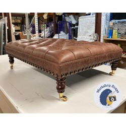 Glenmore Deep Buttoned Footstool with Border 102 x 76cm (40 x 30") Antique Matt Leather Mahogany - Full Stud Trim - 7ins Castor Mahogany Leg 8258
