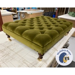 Glenmore Deep Buttoned Footstool with Border 102 x 76cm (40 x 30") COM Verona Velvet Peridot - 16mm Corner Vintage Nail Trim - 6ins Castor Leg Mahogany 9045