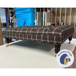 Glenmore Deep Buttoned Footstool with Border 102 x 76cm (40 x 30") Wool Check Mocha - Single Piped Trim - 7ins Castor Mahogany Leg 6966 2
