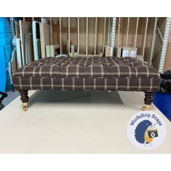 Glenmore Deep Buttoned Footstool with Border 102 x 76cm (40 x 30") Wool Check Mocha - Single Piped Trim - 7ins Castor Mahogany Leg 6966