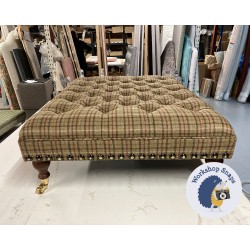 Glenmore Deep Buttoned Footstool with Border 102 x 76cm (40 x 30") Wool Check Sage - Vintage Full Studs - 6ins Castor Mahogany Leg 9069