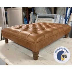 Glenmore Deep Buttoned Footstool with Border 102 x 76cm (40 x 30") Antique Matt Leather Bridle - 5ins Turned Oak Leg 9120