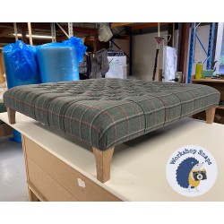 Kinver Deep Buttoned Footstool 122 x 122cm (48 x 48") Wool Check Teal - 6ins Concave Tapered Oiled Oak Leg 8154