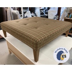 Fernworthy Shallow Buttoned Footstool with Border 122 x 122cm (48 x 48") Wool Check Sage - Piped Trim - 9ins Tapered Oak Leg 6942
