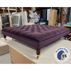 Glenmore Deep Buttoned Footstool with Border 122 x 122cm (48 x 48") JBrown Amalfi Heather - Single Piped Trim - 7ins Castor Mahogany Leg 8039