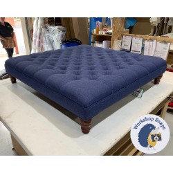 Glenmore Deep Buttoned Footstool with Border 122 x 122cm (48 x 48") Textured Weave Indigo - Single Piped Trim - 5ins Turned Mahogany Leg 4923