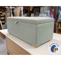 Sherwood Shallow Buttoned & Piped Lid Ottoman 119 x 53cm (47 x 21") Brushed Linen Seaglass - Contrast Piped in JBrown Paolo Calico - 1ins Light Square Feet 238295 Sherwood Shallow Buttoned & Piped Lid Ottoman 119 x 53cm (47 x 21") Brushed Linen Seaglass - Contrast Piped in JBrown Paolo Calico - 1ins Light Square Feet 238295