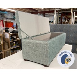 Dean Deep Buttoned Lid Storage Ottoman 152 x 53cm (60 x 21") COM Fermoie Plain Linen 037 - 1.5ins Bun Mahogany Foot 8836
