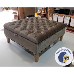 Savernake Deep Buttoned Lid Medium Depth Storage Footstool 91 x 91cm (36 x 36") Crushed Velvet Sable - Full Vintage Stud Trim - 6ins Concave Leg Oiled Oak 3979 Savernake Deep Buttoned Lid Medium Depth Storage Footstool 91 x 91cm (36 x 36") Crushed Velvet Sable - Full Vintage Stud Trim - 6ins Concave Leg Oiled Oak 3979