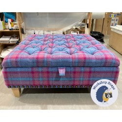 Savernake Deep Buttoned Lid Medium Depth Storage Footstool 91 x 91cm (36 x 36") Highland Check Aqua Aubergine - Full Vintage Studs - 5" Tapered Natural Leg 5348 Savernake Deep Buttoned Lid Medium Depth Storage Footstool 91 x 91cm (36 x 36") Highland Check Aqua Aubergine - Full Vintage Studs - 5" Tapered Natural Leg 5348