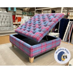 Savernake Deep Buttoned Lid Medium Depth Storage Footstool 91 x 91cm (36 x 36") Highland Check Aqua Aubergine - Full Vintage Studs - 5" Tapered Natural Leg 5348 Savernake Deep Buttoned Lid Medium Depth Storage Footstool 91 x 91cm (36 x 36") Highland Check Aqua Aubergine - Full Vintage Studs - 5" Tapered Natural Leg 5348